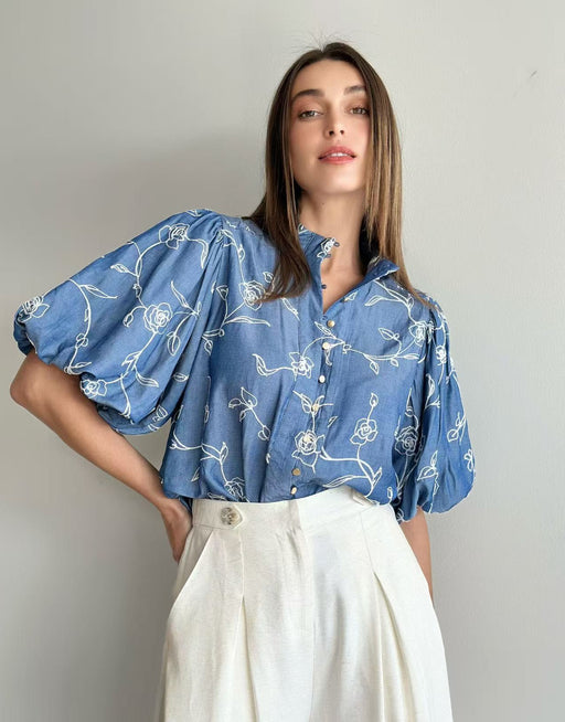 Balloon sleeve Blouse - Blue with white floral