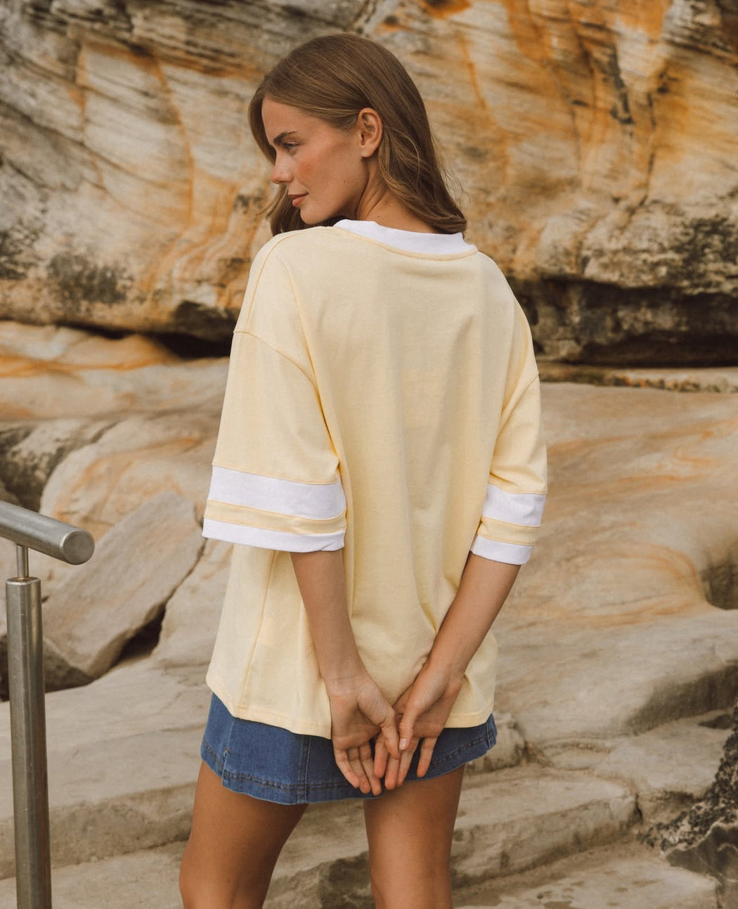 Boxy Stripe sleeve Tee - Lemon yellow