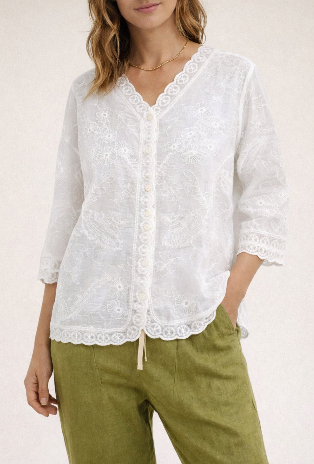Lace trim Sheer Blouse - White