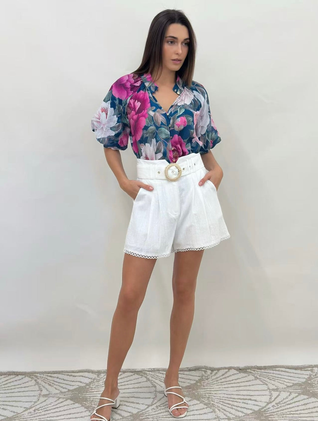 Short Sleeve Blouse - Teal floral