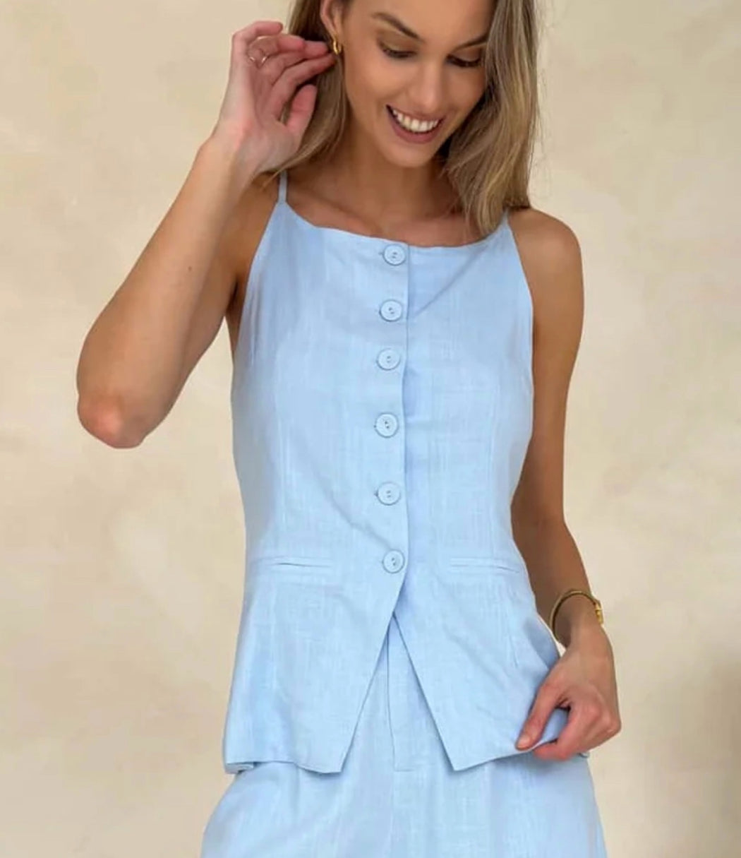 Linen Button down Vest Top - Blue