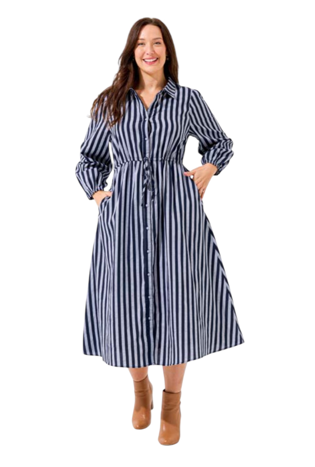 Best Seller Stripe Cotton Midi Dress -  Soft Grey and Navy