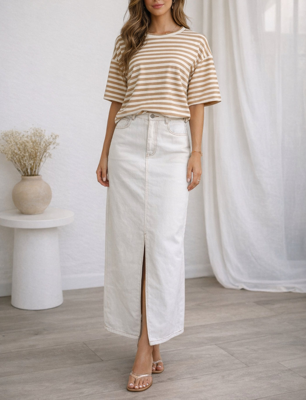 Stretch Denim Maxi Skirt - White