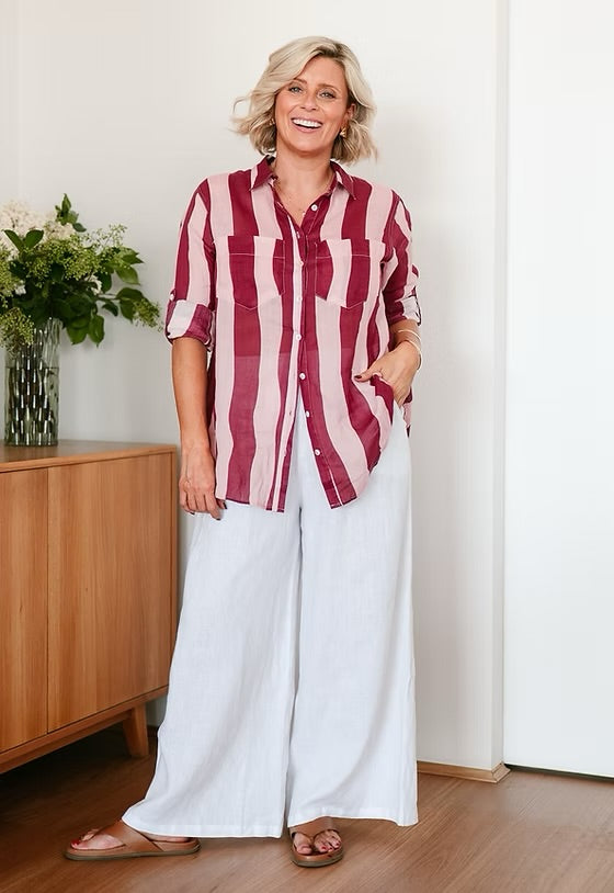 Stripe Linen Shirt - Wine and Pink