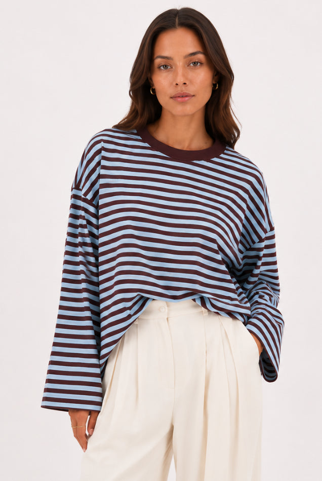 Sunday stripe long sleeve - chocolate and blue