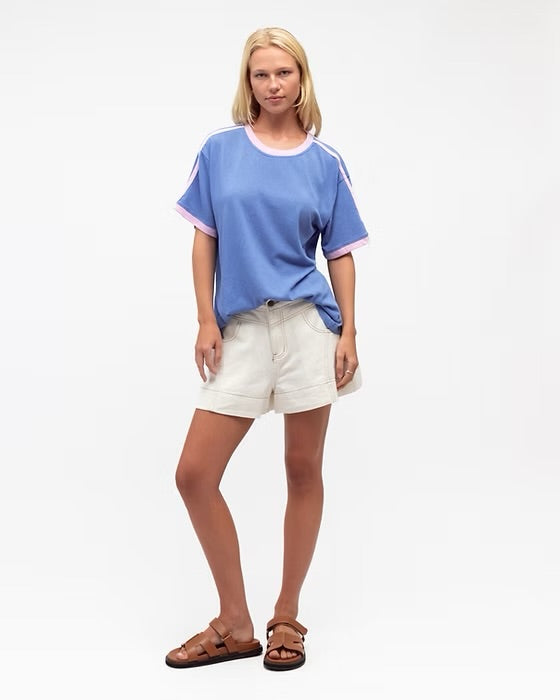 Boxy Vintage Stripe sleeve Tee - Blue and pink