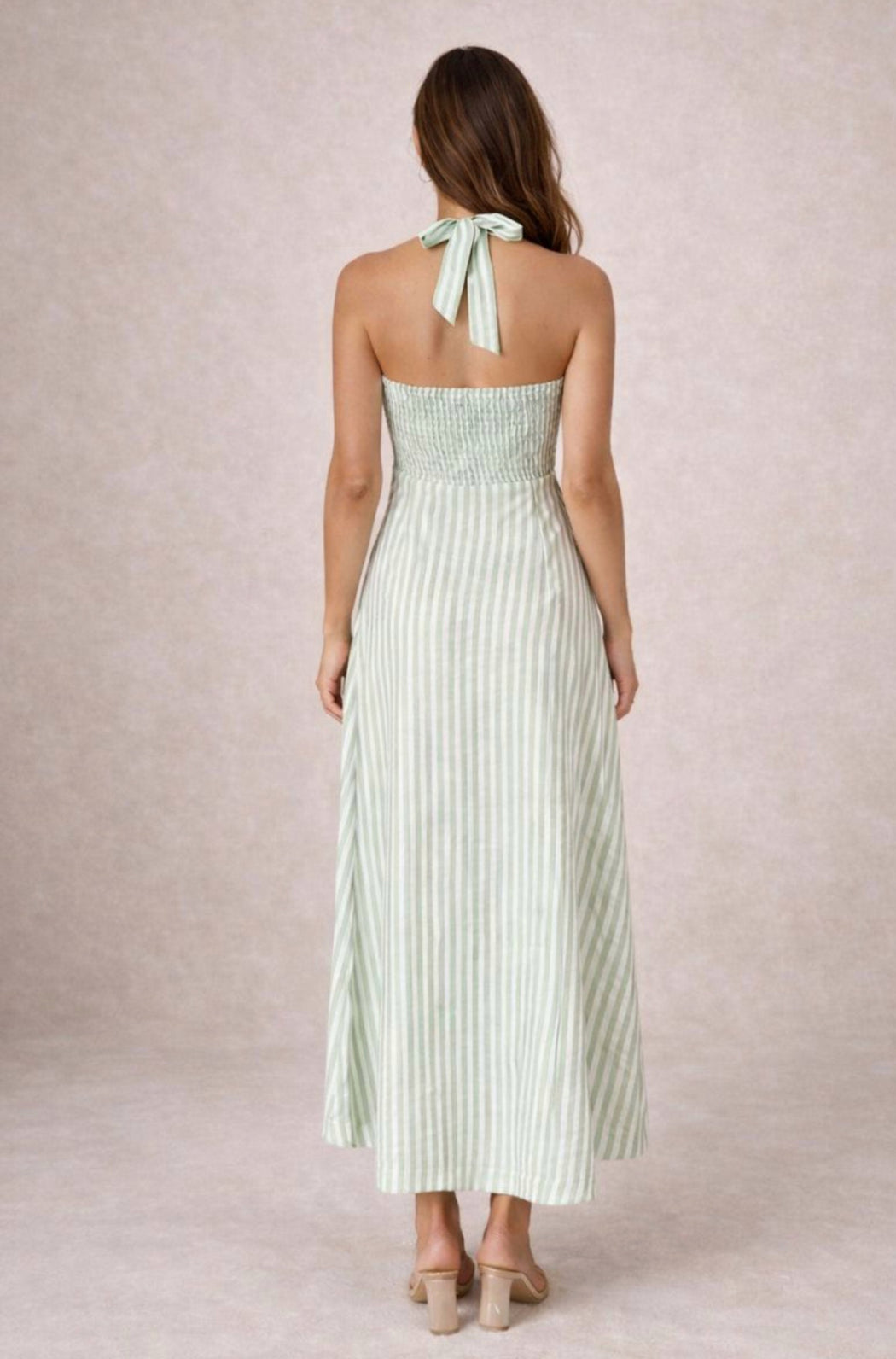 Halter Cotton Stripe Midi Dress - Green Stripe