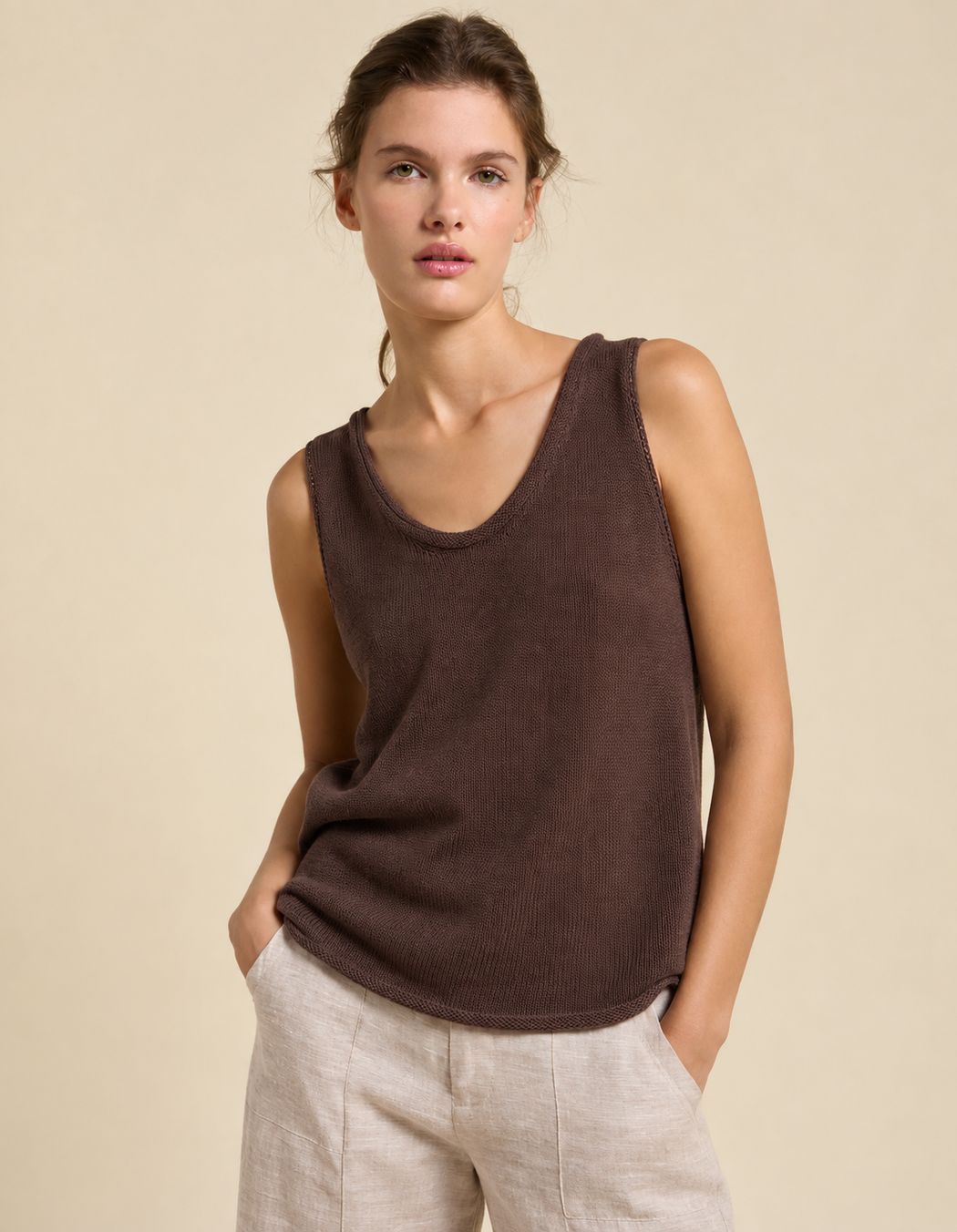 Little Lies Knit Scoop Tank Top - Chocolate