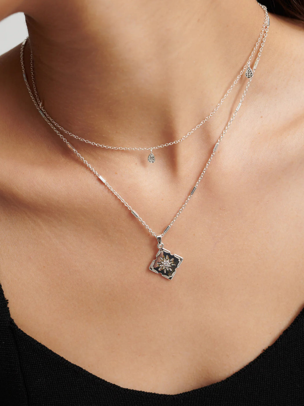 Silver plated Necklace - Square with Diamonte