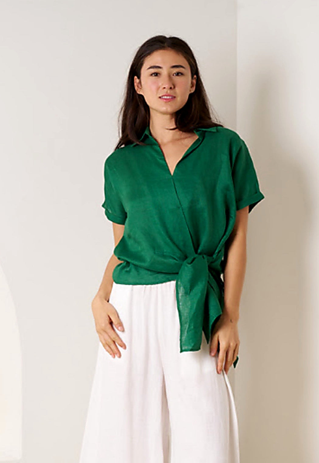 Roll Sleeve Linen Tie Top - palm leaf green