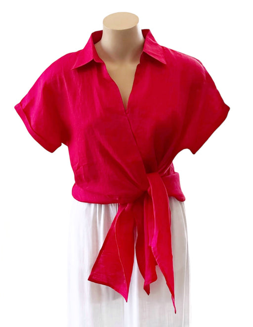 Roll Sleeve Linen Tie Top - Red