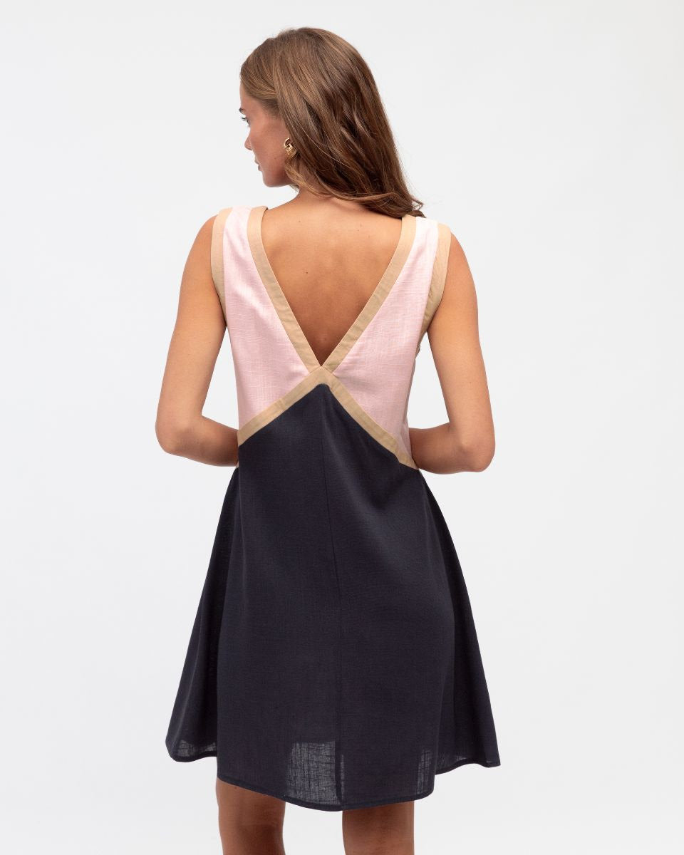 Linen Mini Dress - Pink and Navy Blue