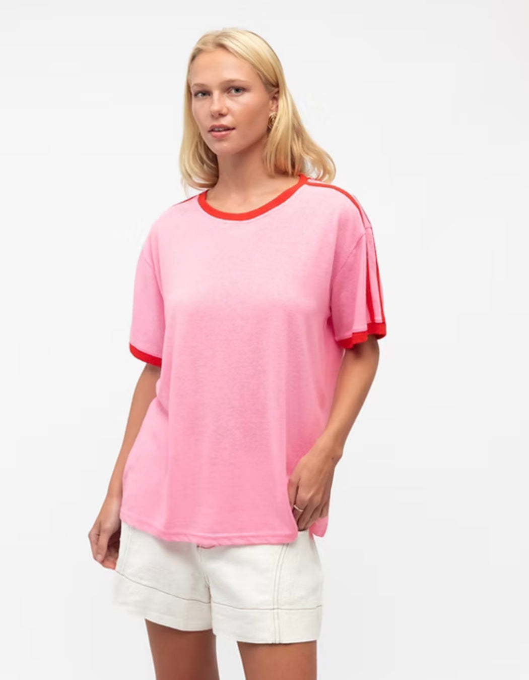 Boxy Vintage Stripe sleeve Tee - Pink and Red