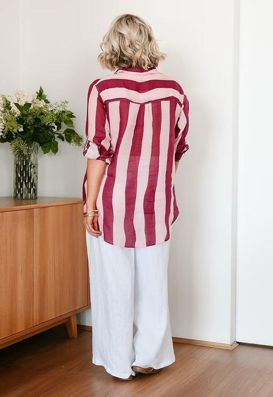 Stripe Linen Shirt - Wine and Pink