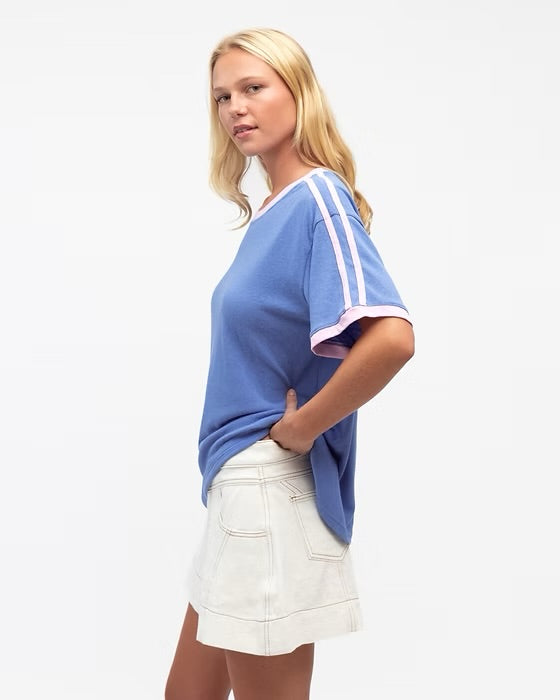 Boxy Vintage Stripe sleeve Tee - Blue and pink