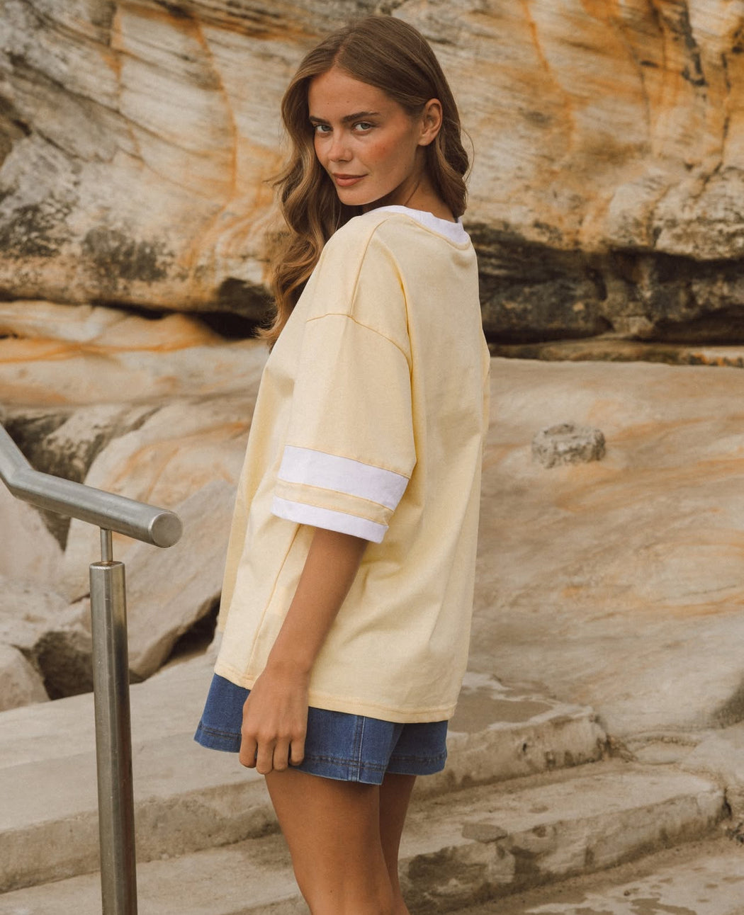 Boxy Stripe sleeve Tee - Lemon yellow