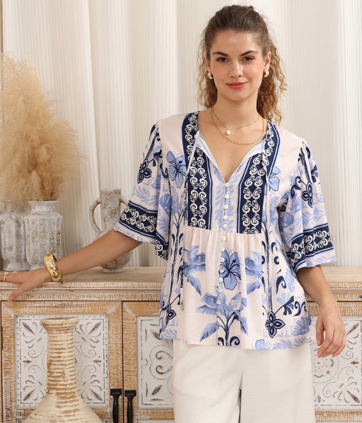 Short Sleeve Blouse - Blue Floral