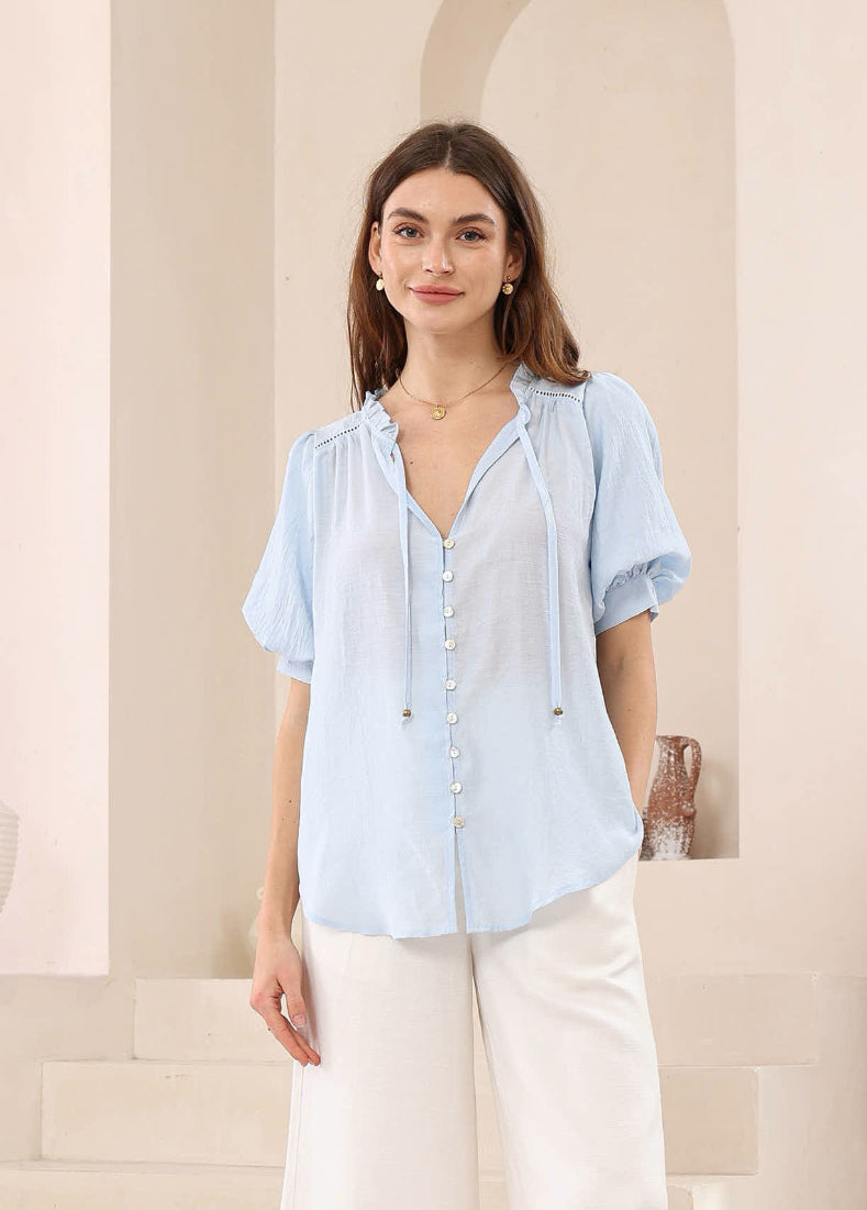 Short Balloon Sleeve Blouse - Light Blue