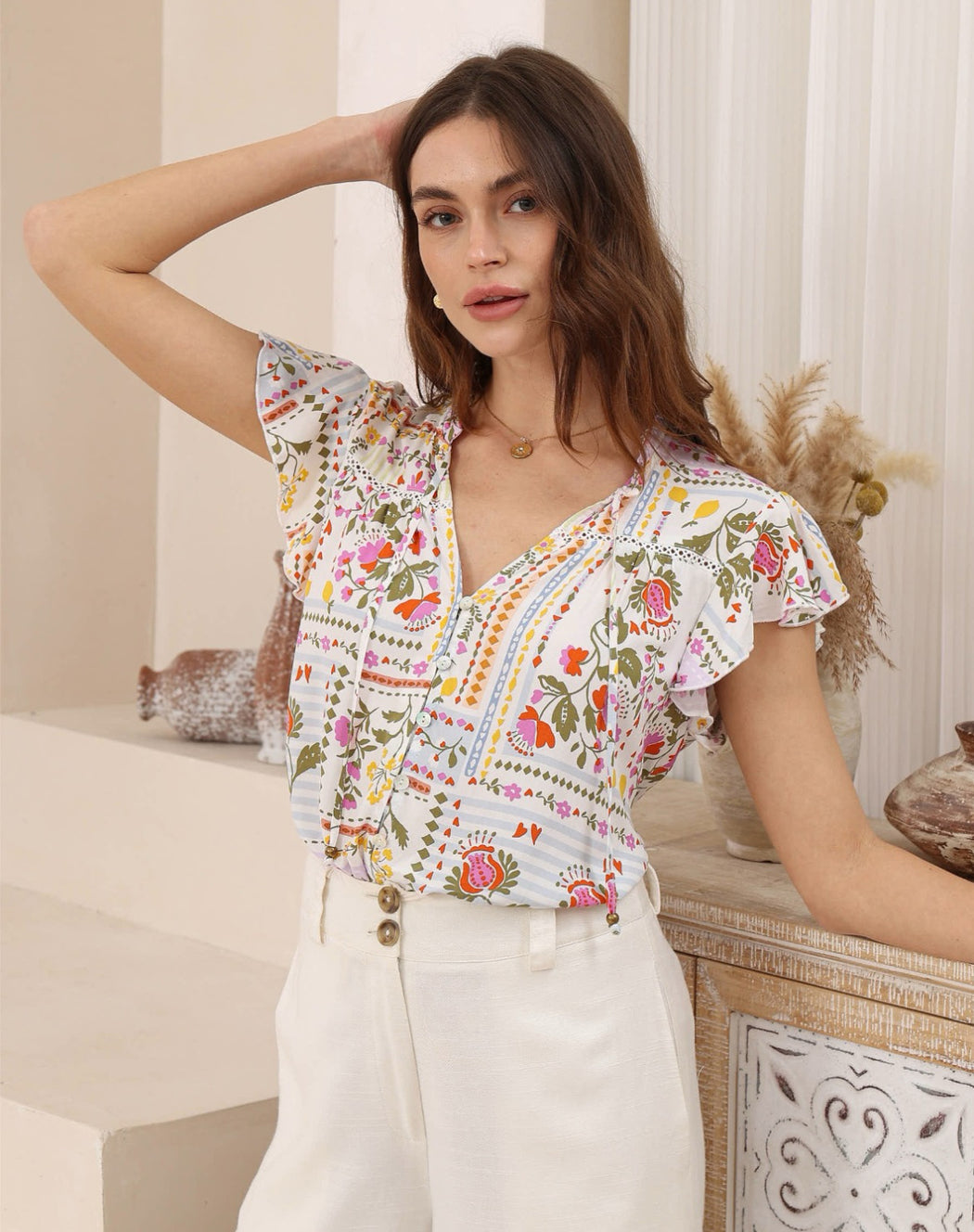 Flutter Sleeve Blouse - White multi