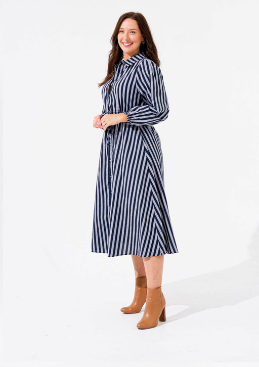 Best Seller Stripe Cotton Midi Dress -  Soft Grey and Navy