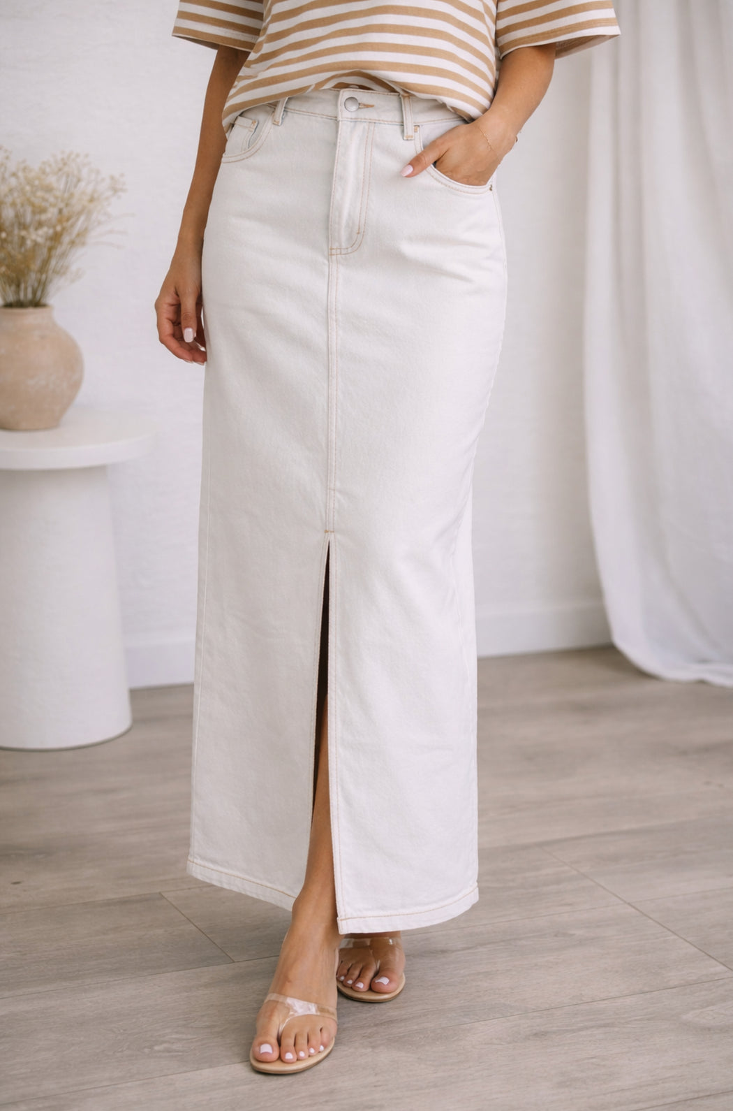 Stretch Denim Maxi Skirt - White