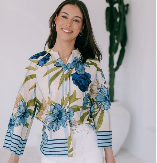 Short Sleeve Blouse - Green palm and Blue hibiscus