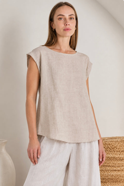 Linen Roll sleeve Top - Natual