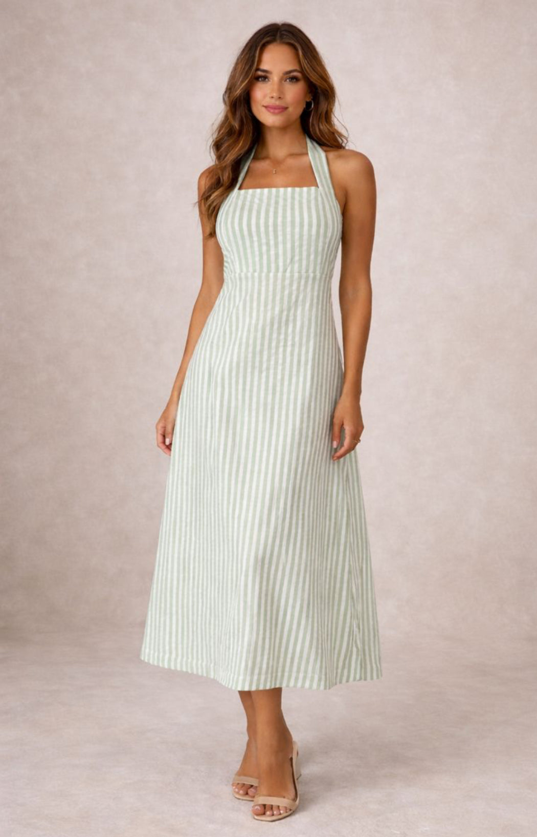Halter Cotton Stripe Midi Dress - Green Stripe