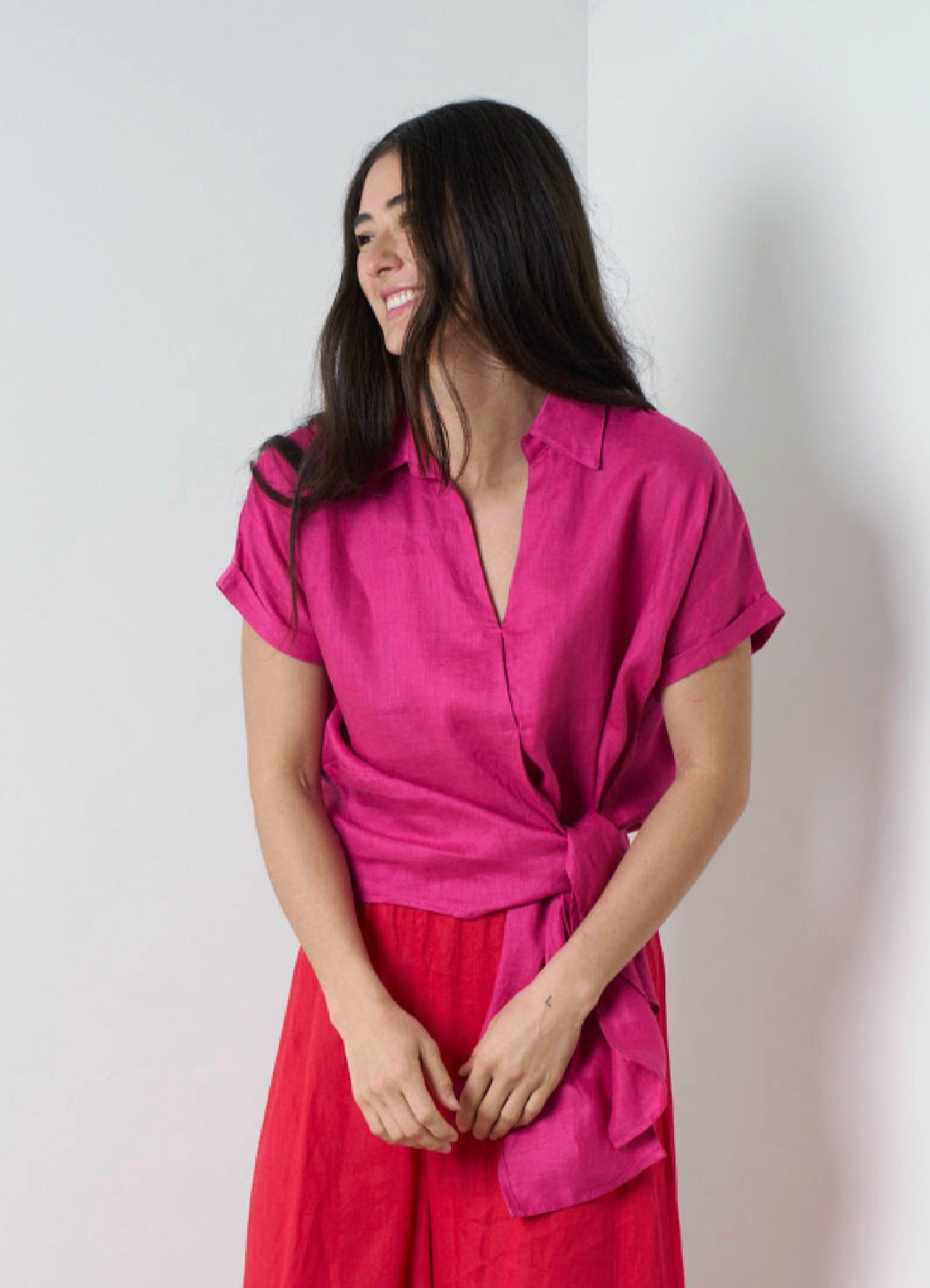 Roll Sleeve Linen Tie Top - Magenta Pink