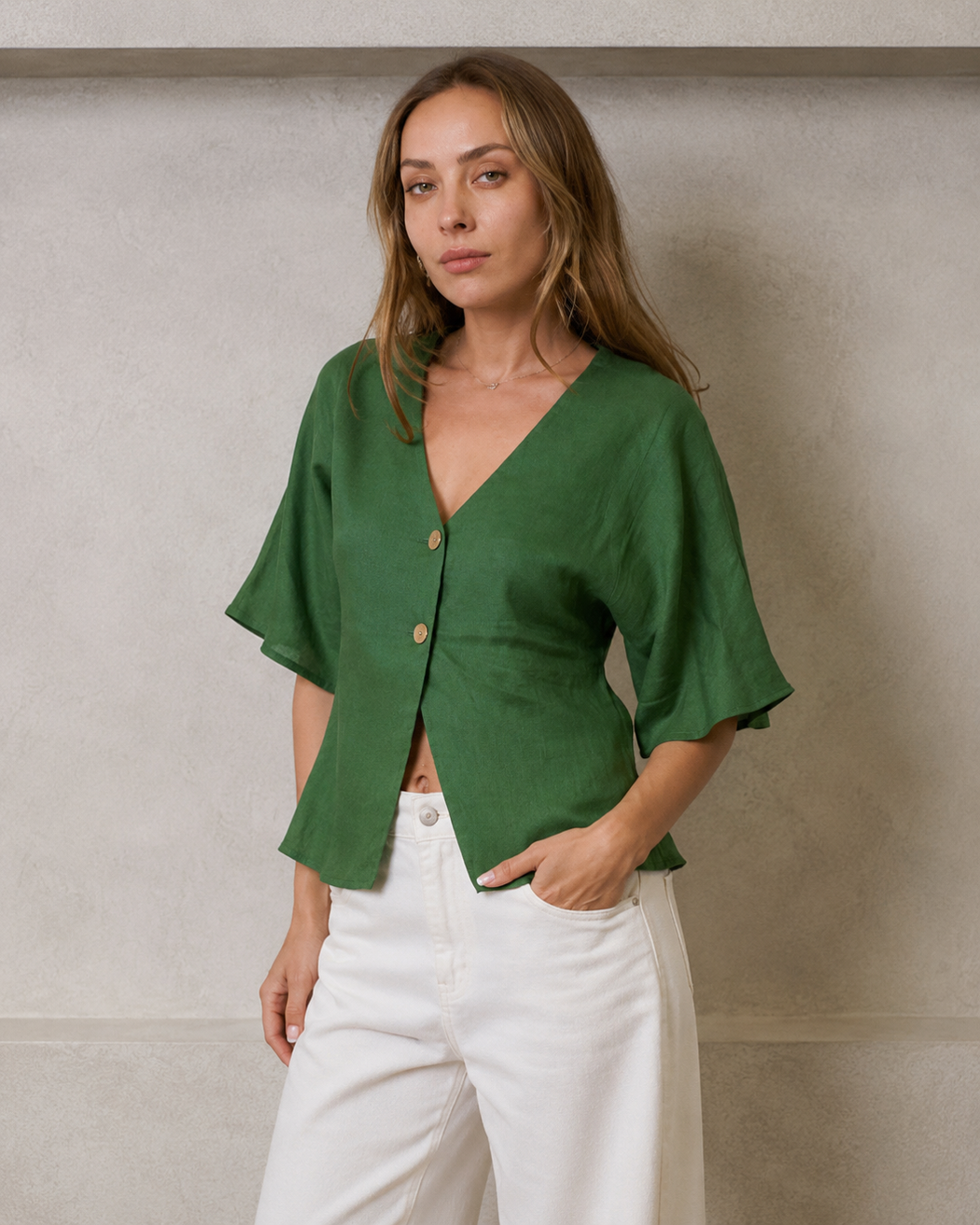 Linen button Top - Green
