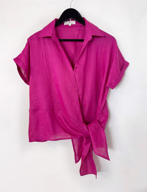 Roll Sleeve Linen Tie Top - Fuchsia