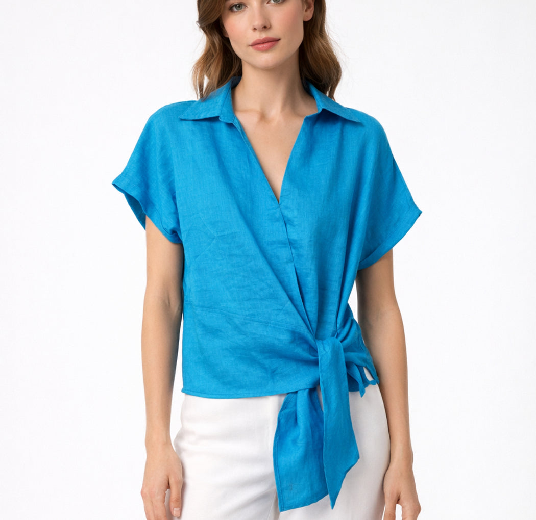 Roll Sleeve Linen Tie Top - Bright Blue