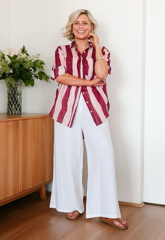 Stripe Linen Shirt - Wine and Pink