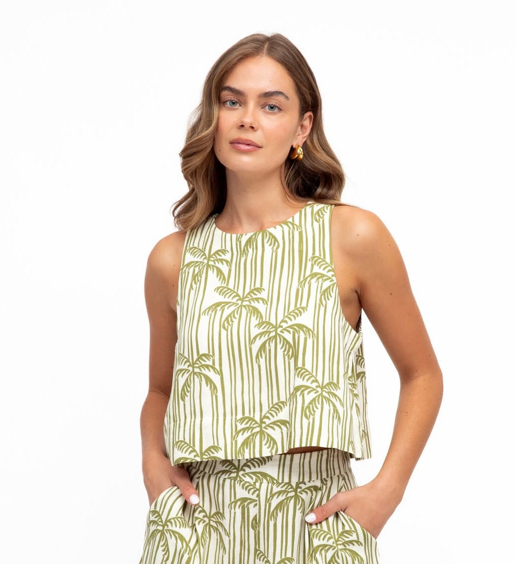 Asha Crop Top - White and green palm print