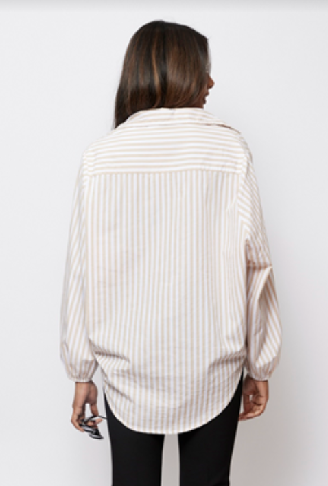 Elastic Sleeve Stripe Shirt - Beige