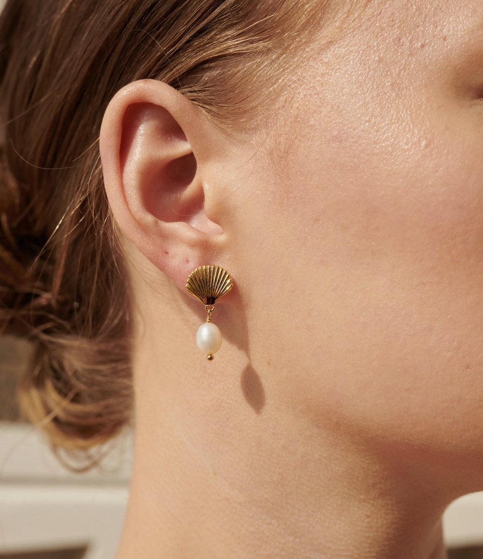 18K Gold Plated Shell and Pearl Studs