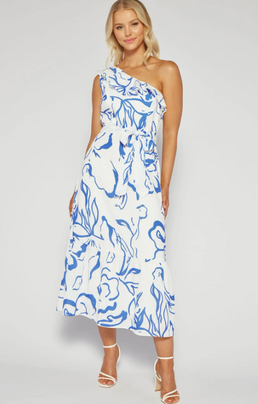 One Shoulder Floral Maxi Dress  - Blue and White