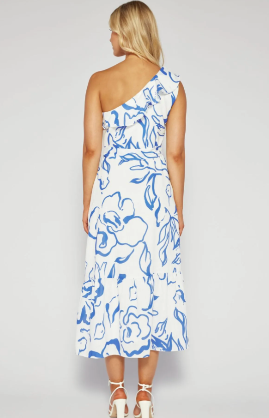 One Shoulder Floral Maxi Dress  - Blue and White