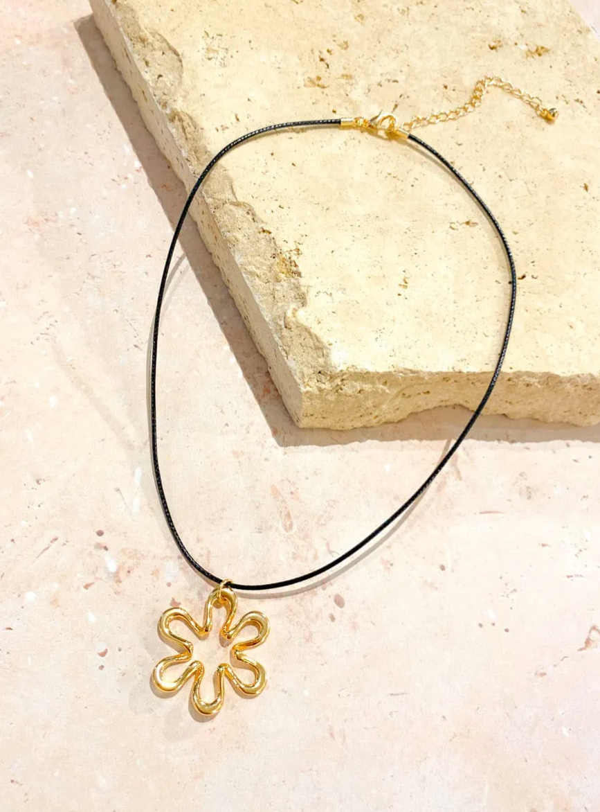 Gold plated Daisy Flower Necklace with black cord