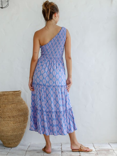 One Shoulder Maxi Dress  - Blue and Pink Aztec