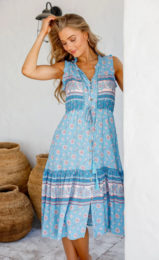 Boho Button down  Dress - Blue Floral