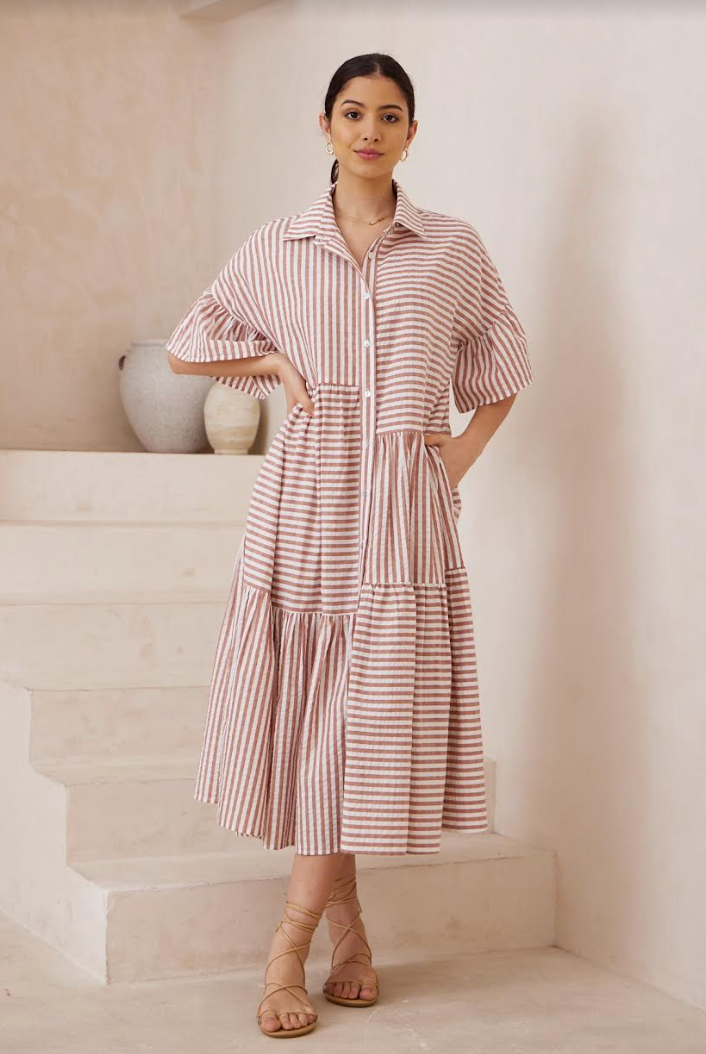 Stripe Linen Midi Dress  - Rust and White