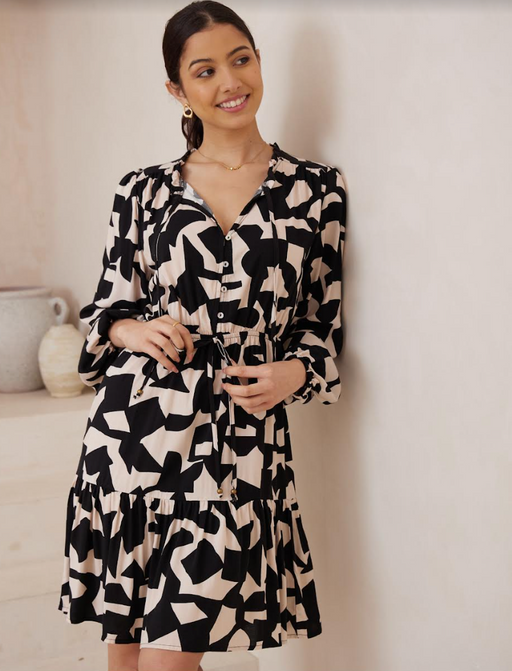 Ellie Dress - Black and cream abstract print
