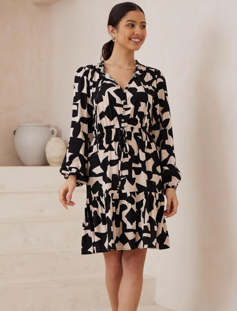 Ellie Dress - Black and cream abstract print