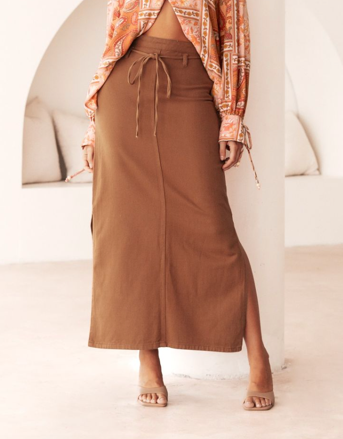 Denim Midi Skirt - Rust