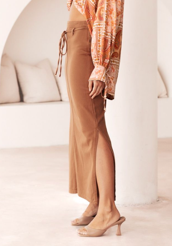 Denim Midi Skirt - Rust