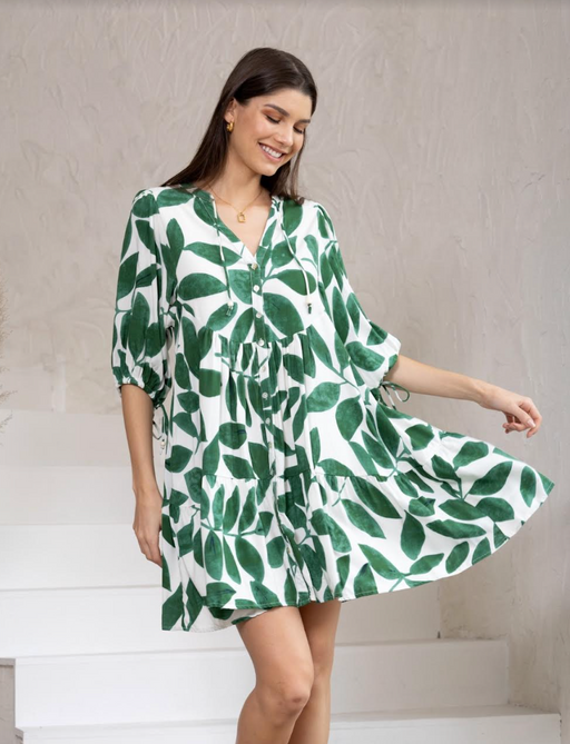 Customer Fave - Baby doll Stripe Dress - Green Leaf Print