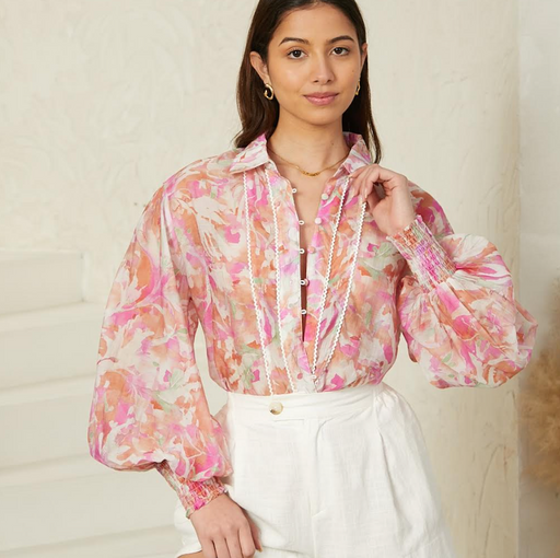Ric Rac detail Blouse - Pink and Rust multi