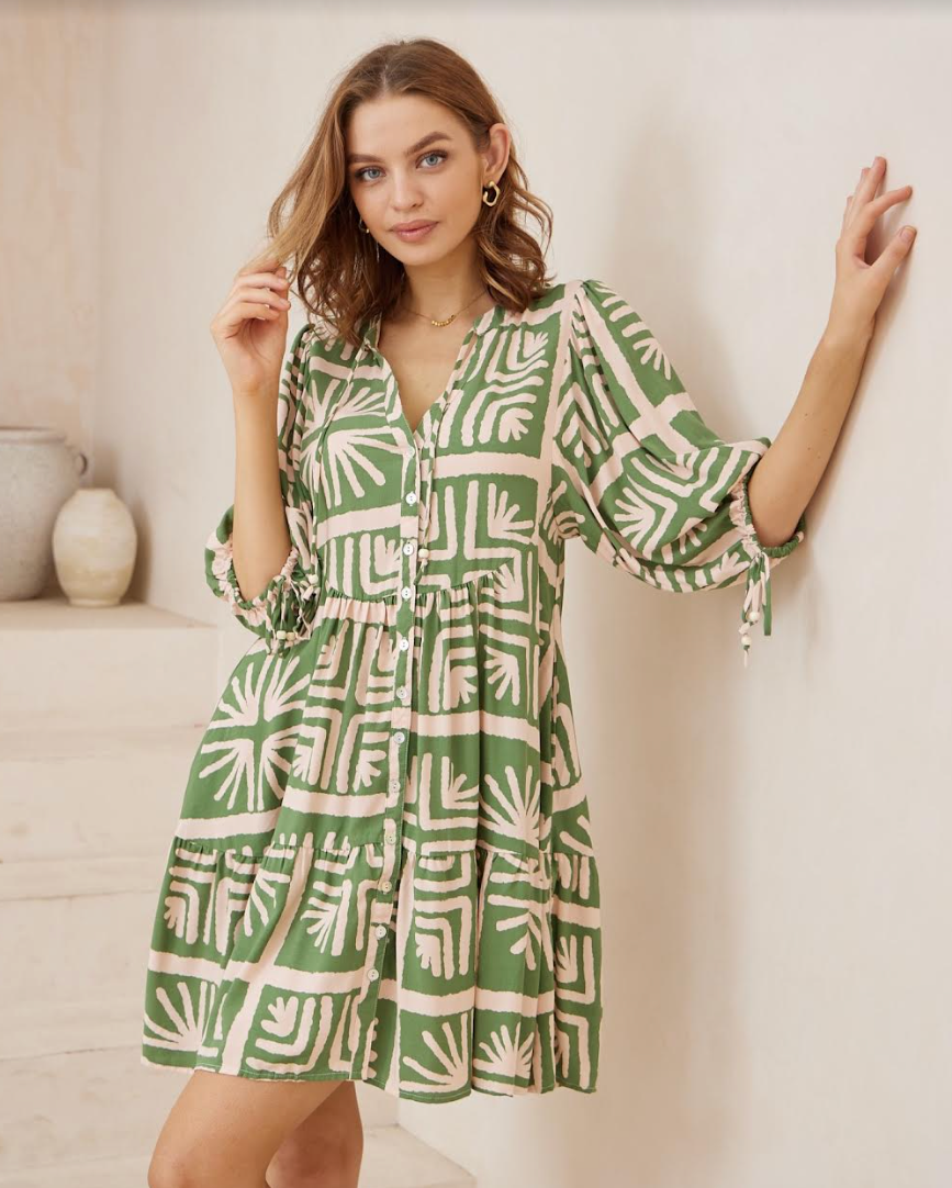 Customer Fave - Baby doll Stripe Dress - Green Tile Print