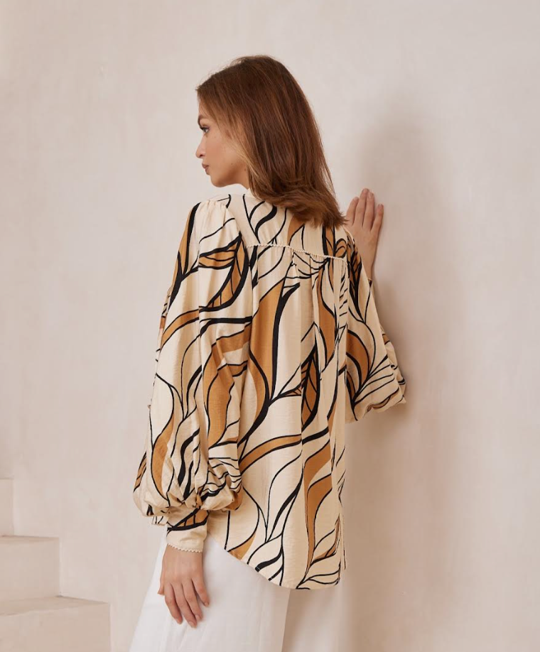 Balloon Sleeve Blouse - Black and Rust